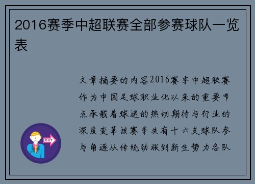 2016赛季中超联赛全部参赛球队一览表